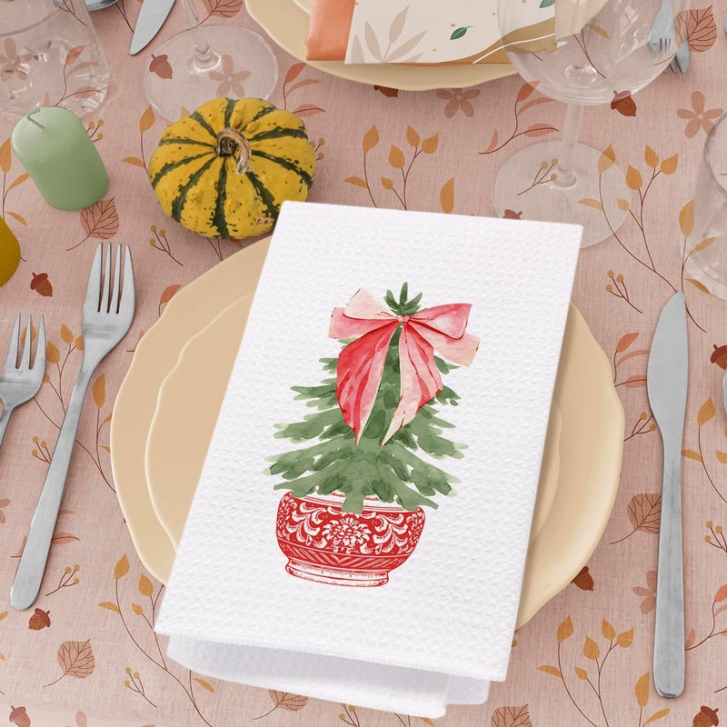 SPBL&L Chinoiserie Christmas Kitchen & Bath Towels, Red Porcelain Chinoiserie Tree Hand Towels, 16x24 Inch - Image 4